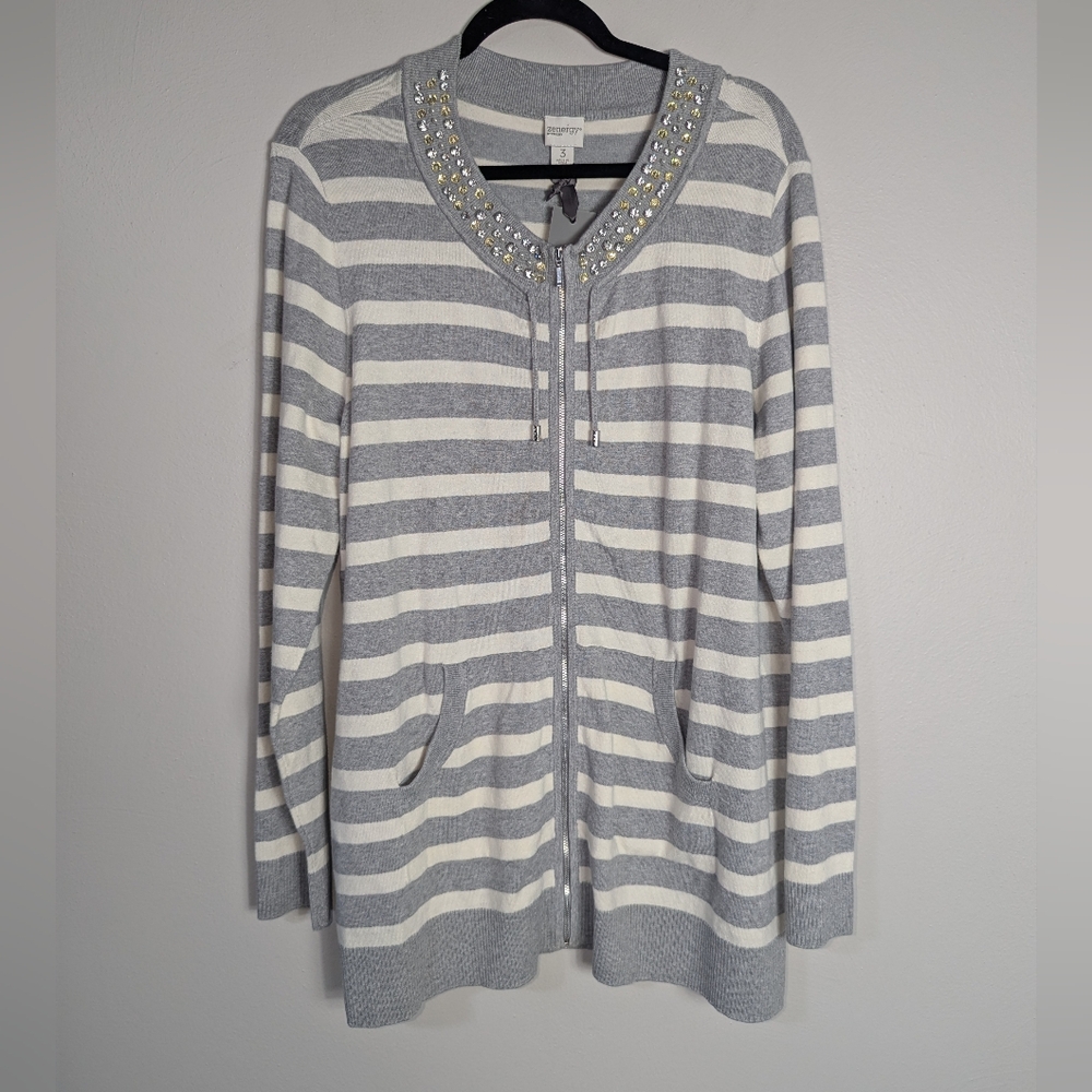 XL NWT Zenergy Chico's Cotton Cashmere Blend‎ Striped Embellished Sweater Jacket